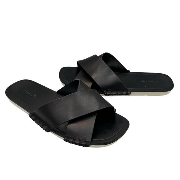Vince Nico Black Leather Exposed Stitching Straps Open Toe Slip On Flat Sandals - Picture 2 of 9